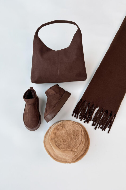 SET2047 Acı Kahve Orta Boy Bot-Bucket Şapka-Çanta-Şal Dörtlü Set - 1