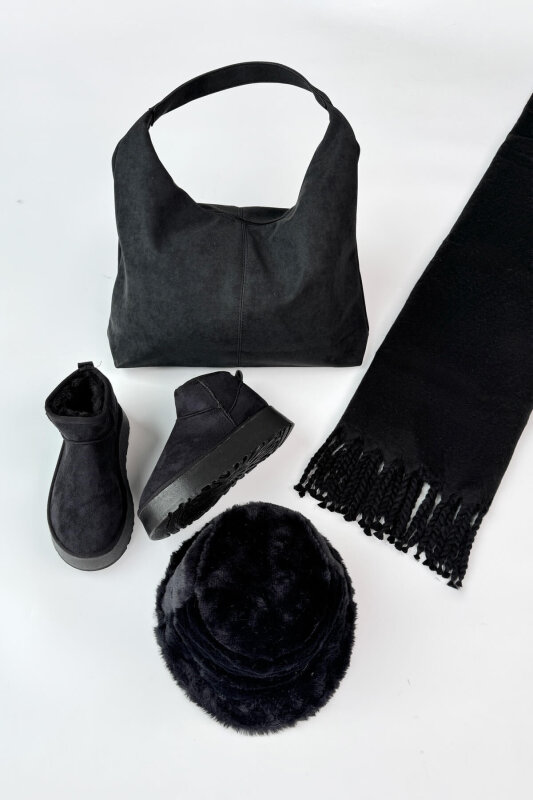 SET2047 Siyah Orta Boy Bot-Bucket Şapka-Çanta-Şal Dörtlü Set - 1