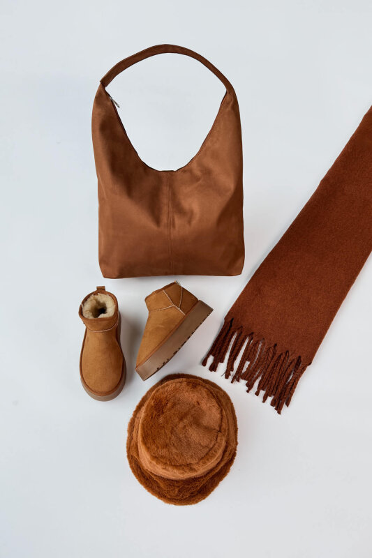 SET2047 Taba Orta Boy Bot-Bucket Şapka-Çanta-Şal Dörtlü Set - 1