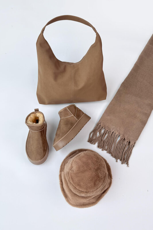 SET2047 Vizon Orta Boy Bot-Bucket Şapka-Çanta-Şal Dörtlü Set - 1