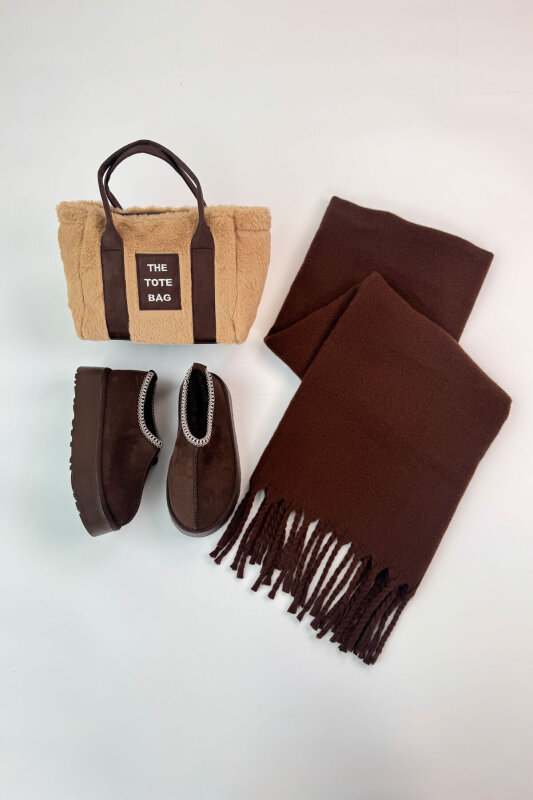 SET2048 Acı Kahve Bilek Boy Bot-Çanta-Şal Üçlü Set  - 1