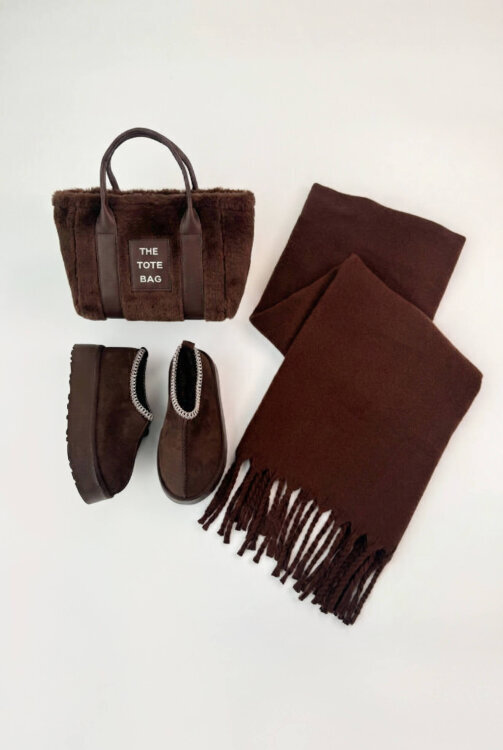 SET2048 Full Acı Kahve Bilek Boy Bot-Çanta-Şal Üçlü Set