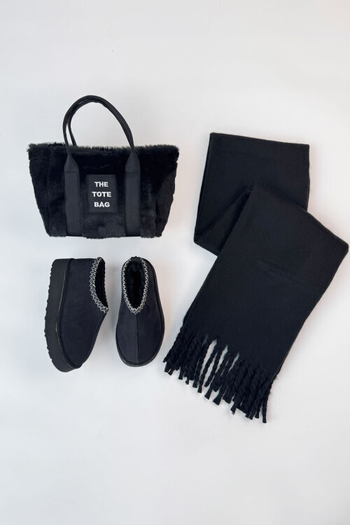 SET2048 Siyah Bilek Boy Bot-Çanta-Şal Üçlü Set 