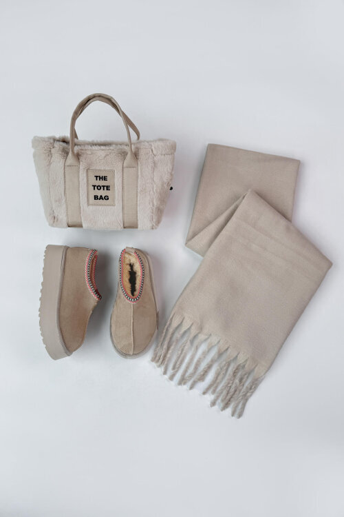 SET2048 Taş Rengi Bilek Boy Bot-Çanta-Şal Üçlü Set