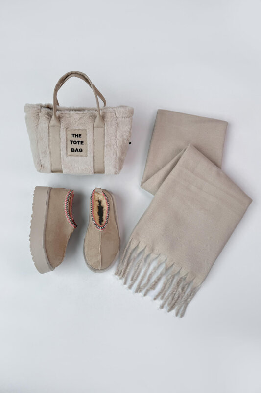 SET2048 Taş Rengi Bilek Boy Bot-Çanta-Şal Üçlü Set - 1