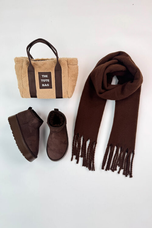 SET2049 Acı Kahve Orta Boy Bot-Çanta-Şal Üçlü Set 