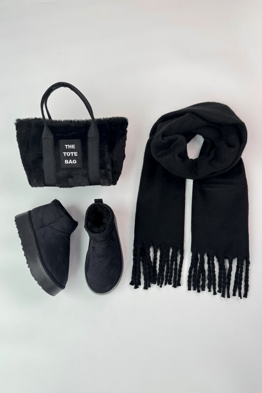 SET2049 Siyah Orta Boy Bot-Çanta-Şal Üçlü Set  - 1