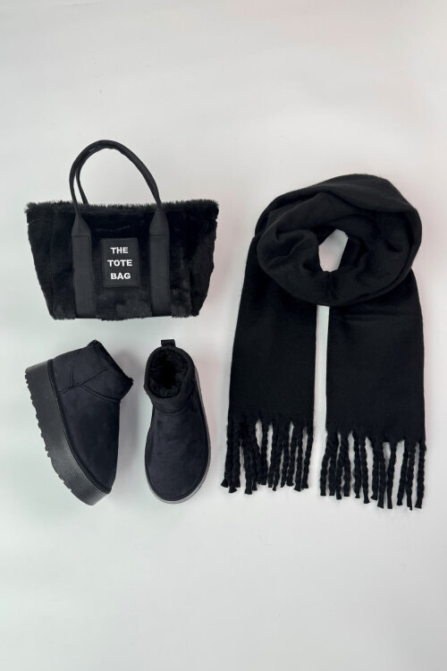 SET2049 Siyah Orta Boy Bot-Çanta-Şal Üçlü Set  