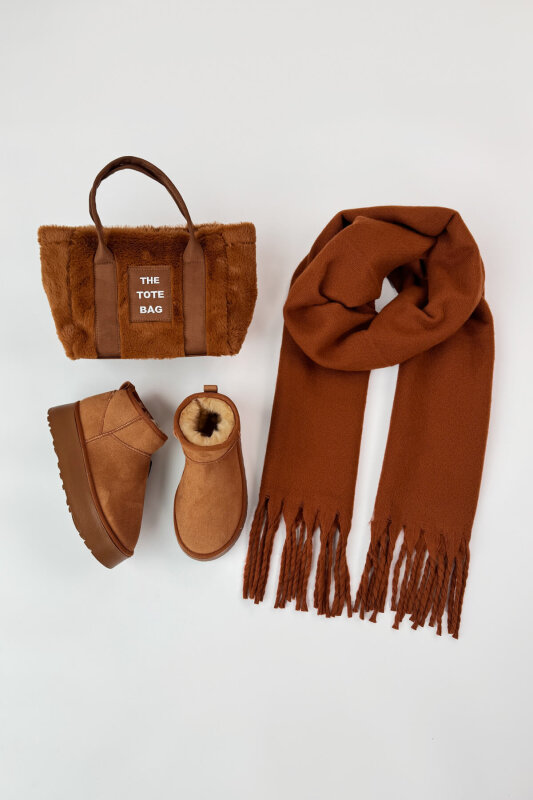 SET2049 Taba Orta Boy Bot-Çanta-Şal Üçlü Set - 1