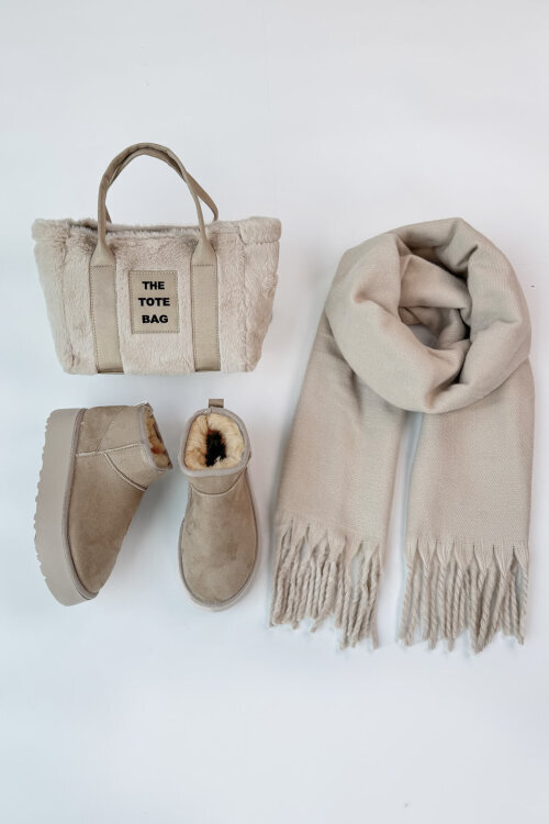 SET2049 Taş Rengi Orta Boy Bot-Çanta-Şal Üçlü Set