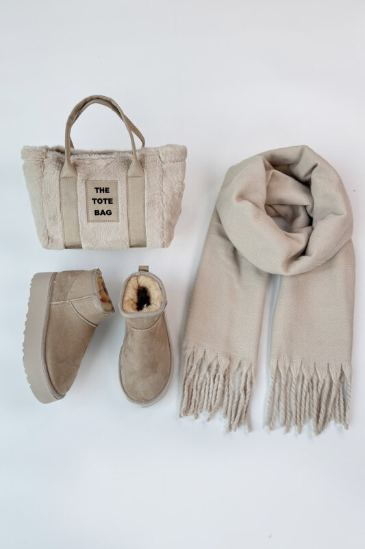 SET2049 Taş Rengi Orta Boy Bot-Çanta-Şal Üçlü Set - 1