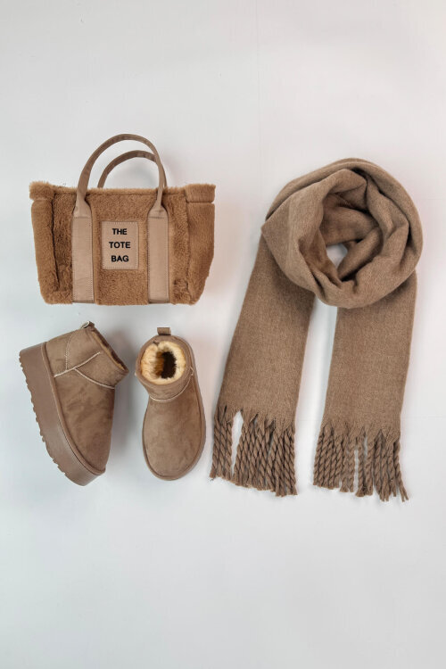 SET2049 Vizon Orta Boy Bot-Çanta-Şal Üçlü Set  