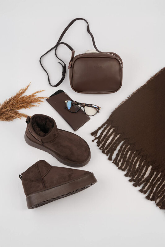 SET2050 Acı Kahve Bot-Çanta-Şal-Gözlük Dörtlü Set - 1