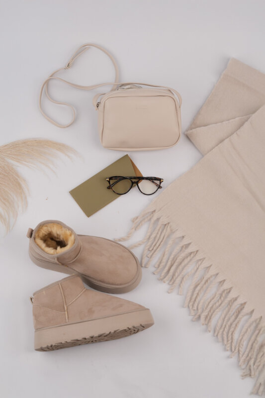 SET2050 Taş Rengi Bot-Çanta-Şal-Gözlük Dörtlü Set - 1