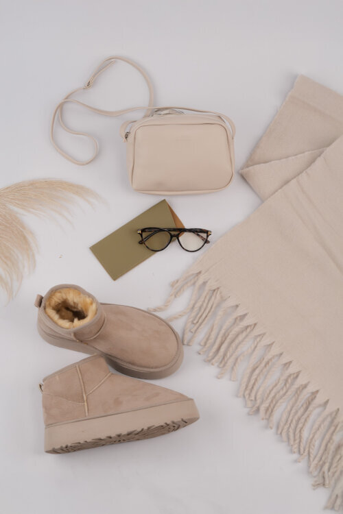 SET2050 Taş Rengi Bot-Çanta-Şal-Gözlük Dörtlü Set