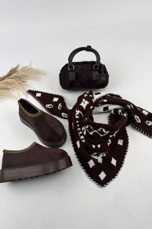 SET2051 Acı Kahve Bilek Boy Bot-Çanta-Şal-Üçlü Set - 1