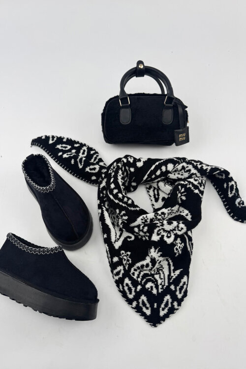 SET2051 Siyah Bilek Boy Bot-Çanta-Şal-Üçlü Set