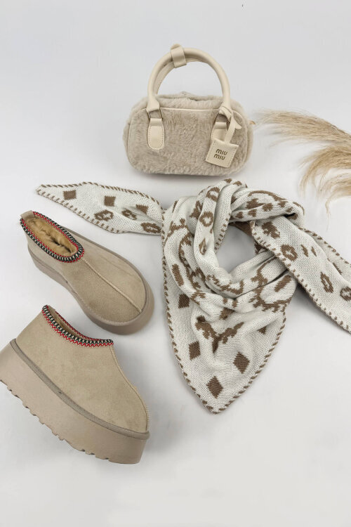 SET2051 Taş Rengi Bilek Boy Bot-Çanta-Şal-Üçlü Set