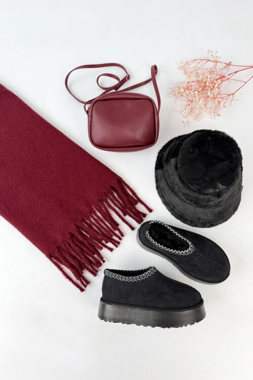 SET2052 Bordo-Siyah Bilek Boy Bot-Çanta-Şal-Şapka Dörtlü Set