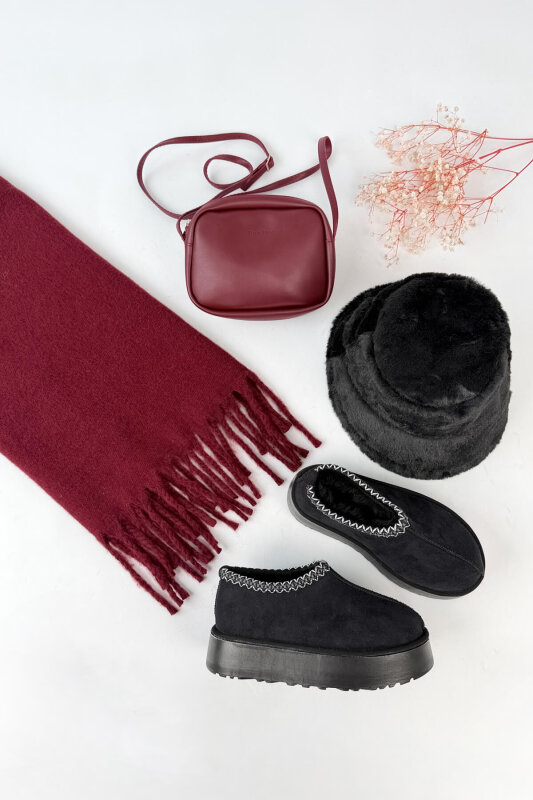 SET2052 Bordo-Siyah Bilek Boy Bot-Çanta-Şal-Şapka Dörtlü Set - 1
