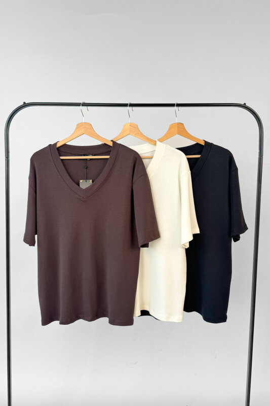 Ekru-Siyah-Kahve Avantajlı 3’lü Premium Organik Pamuk V Yaka Tişört - %20 İndirimli - SET3200 - 1