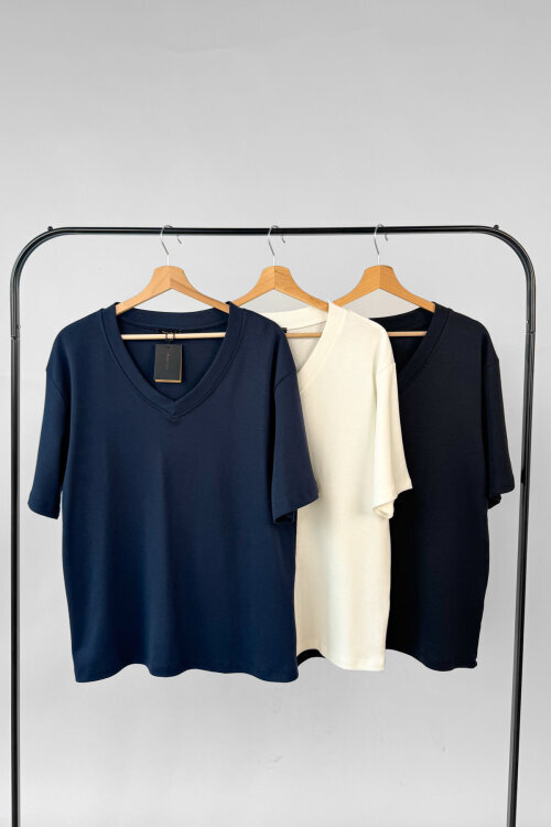 Ekru-Siyah-Lacivert Avantajlı 3’lü Premium Organik Pamuk V Yaka Tişört - %20 İndirimli  - SET3200 
