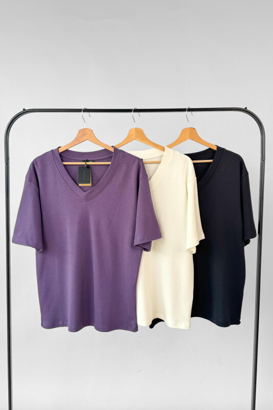 Ekru-Siyah-Mor Avantajlı 3’lü Premium Organik Pamuk V Yaka Tişört - %20 İndirimli - SET3200 - 1
