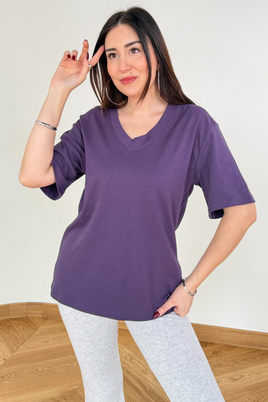 Ekru-Siyah-Mor Avantajlı 3’lü Premium Organik Pamuk V Yaka Tişört - %20 İndirimli  - SET3200 - 2