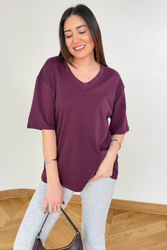 Ekru-Siyah-Mürdüm Avantajlı 3’lü Premium Organik Pamuk V Yaka Tişört - %20 İndirimli - SET3200 - 2