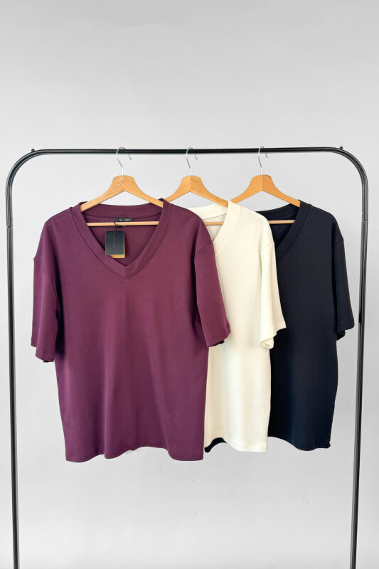 Ekru-Siyah-Mürdüm Avantajlı 3’lü Premium Organik Pamuk V Yaka Tişört - %20 İndirimli  - SET3200 - 1