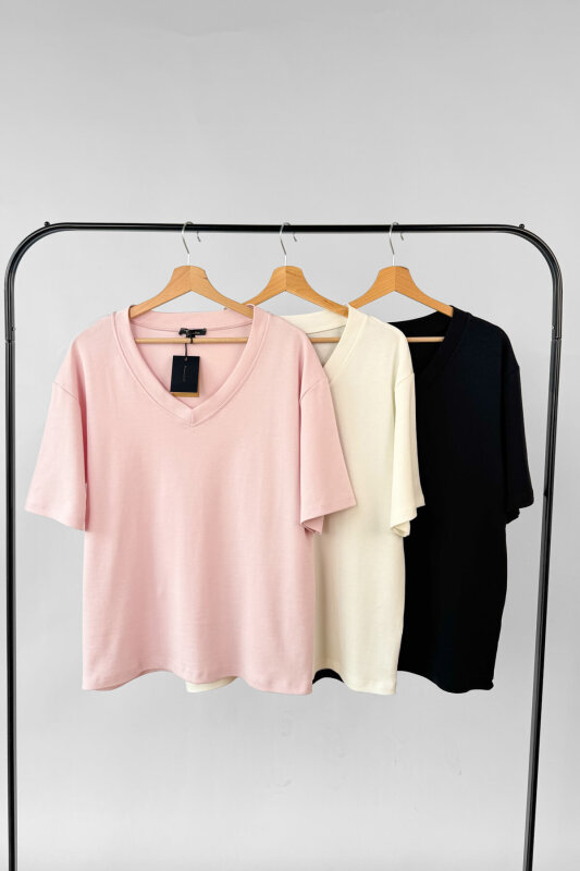 Ekru-Siyah-Pembe Avantajlı 3’lü Premium Organik Pamuk V Yaka Tişört - %20 İndirimli  - SET3200 - 1