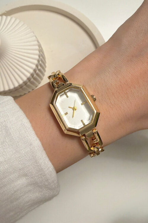 Shine Gold Geometrik Kadran Çelik Zincir Kordon Kadın Kol Saati (1)