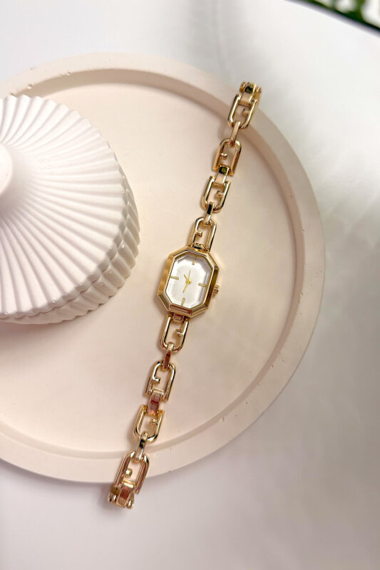 Shine Gold Geometrik Kadran Çelik Zincir Kordon Kadın Kol Saati - 1