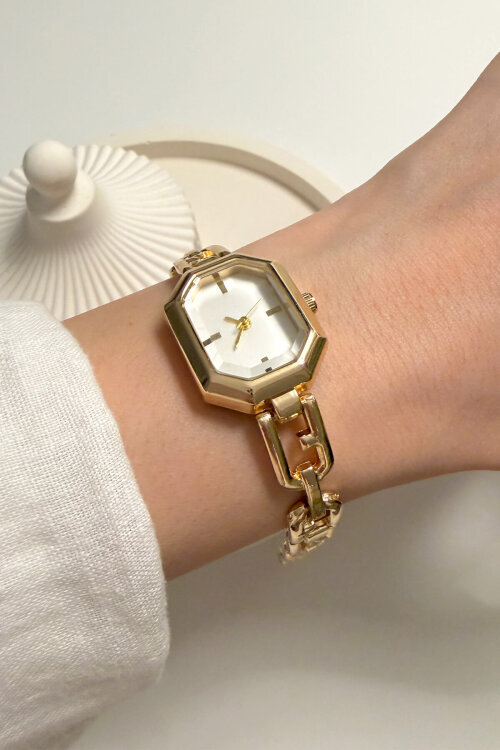 Shine Gold Geometrik Kadran Çelik Zincir Kordon Kadın Kol Saati - 3