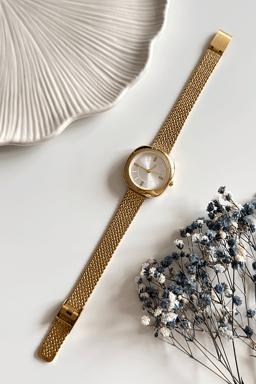 Siare Beyaz Gold Yuvarlak Kadran Gold Çelik Kordon Kadın Kol Saati 