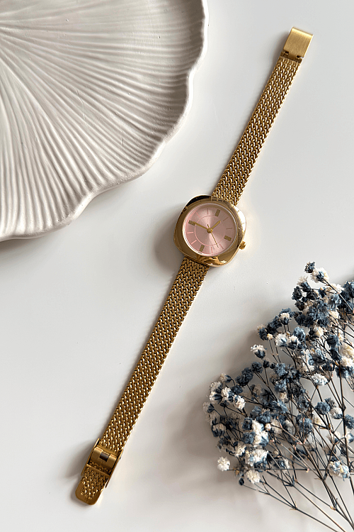 Siare Pudra Gold Yuvarlak Kadran Gold Çelik Kordon Kadın Kol Saati - 1