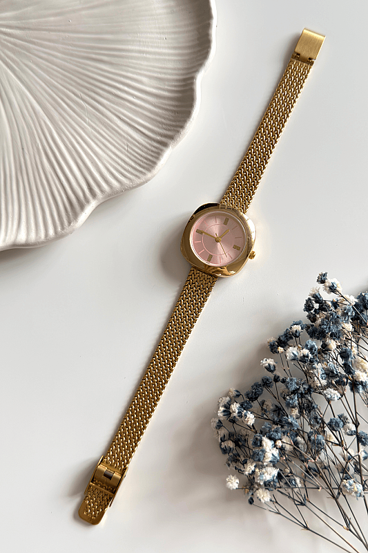 Siare Pudra Gold Yuvarlak Kadran Gold Çelik Kordon Kadın Kol Saati - 1