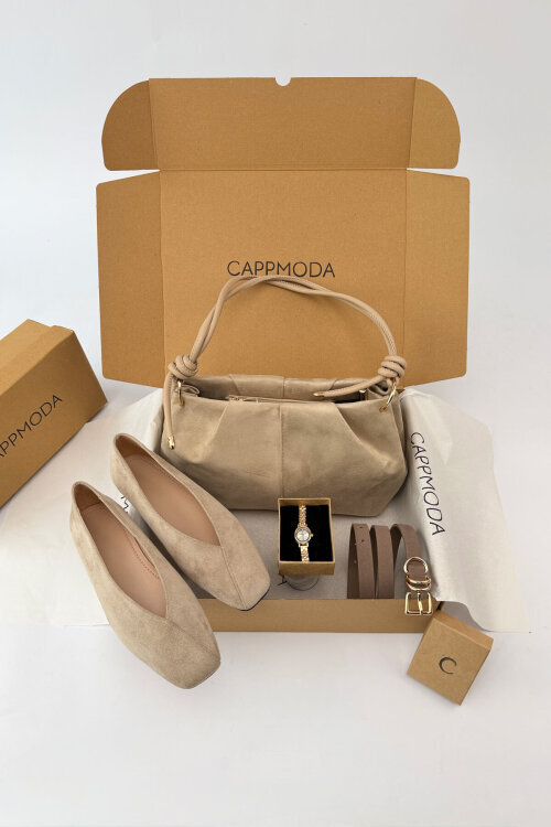 Sienna Serisi Bej Süet Babet-Çanta-Kemer-Saat Seti