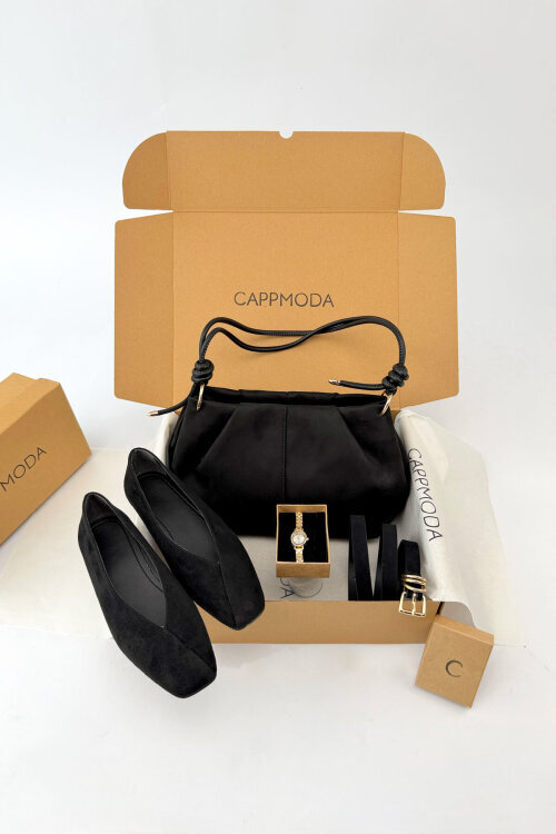 Sienna Serisi Siyah Süet Babet-Çanta-Kemer-Saat Seti