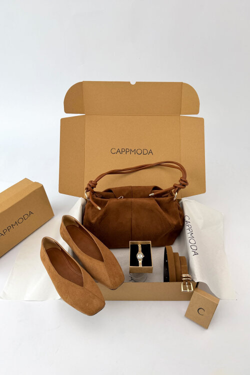 Sienna Serisi Taba Süet Babet-Çanta-Kemer-Saat Seti