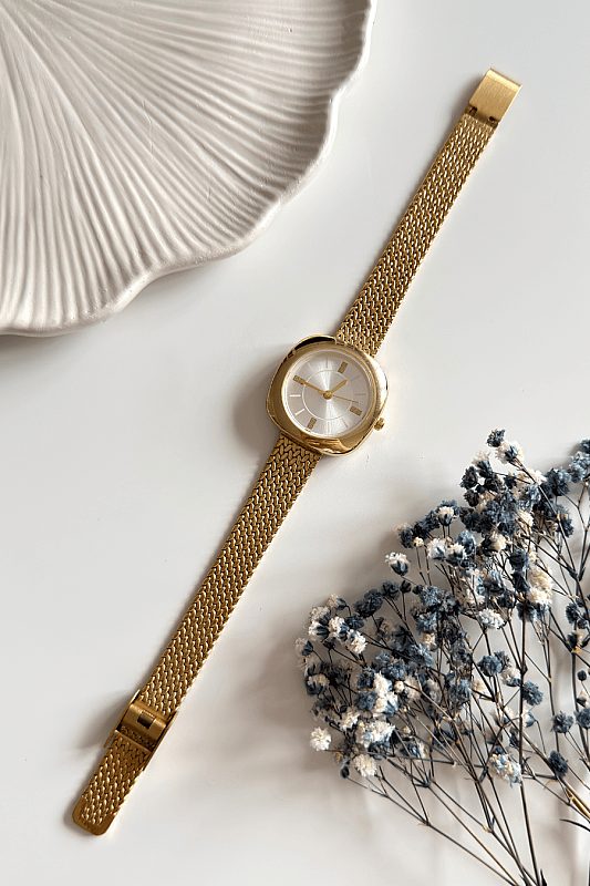 Siera Beyaz Yuvarlak Kadran Gold Çelik Tasarım Hasır Kordon Kadın Kol Saati - 1