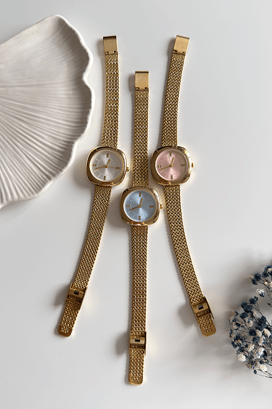 Siera Mavi Yuvarlak Kadran Gold Çelik Tasarım Hasır Kordon Kadın Kol Saati - 2