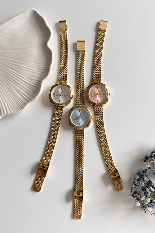 Siera Pudra Yuvarlak Kadran Gold Çelik Tasarım Hasır Kordon Kadın Kol Saati (1)