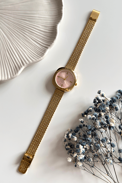 Siera Pudra Yuvarlak Kadran Gold Çelik Tasarım Hasır Kordon Kadın Kol Saati