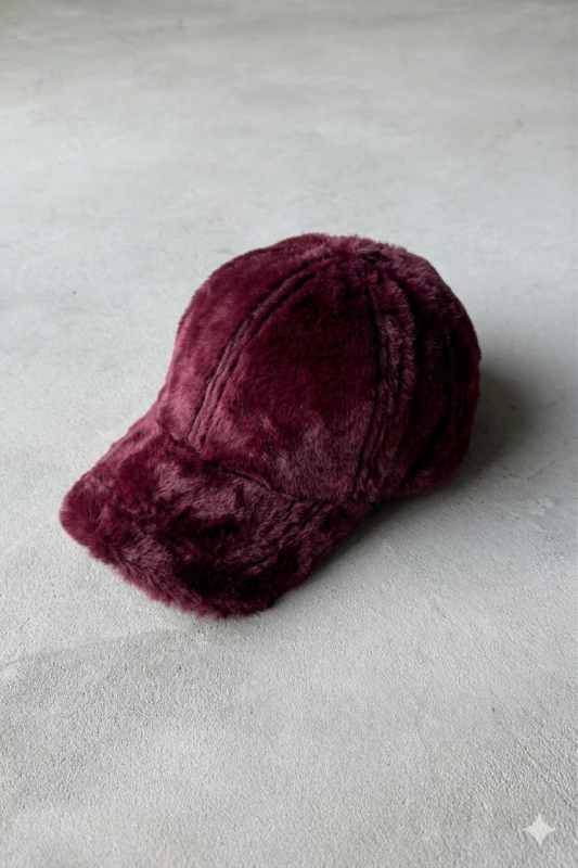 ŞPK-2002 Bordo Kürklü Kumaş Capp Şapka - 1
