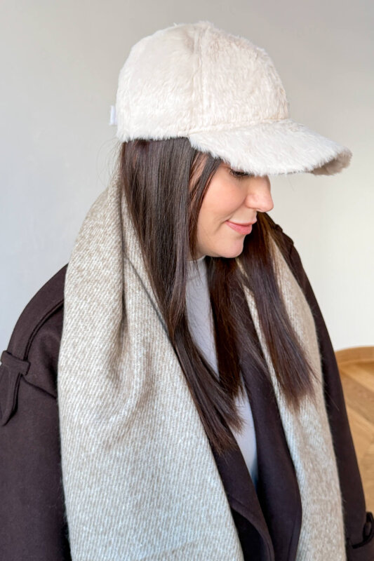 ŞPK-2002 Taş Rengi Kürklü Kumaş Cap Şapka - 2