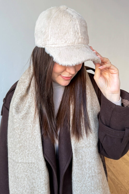 ŞPK-2002 Taş Rengi Kürklü Kumaş Cap Şapka - 1