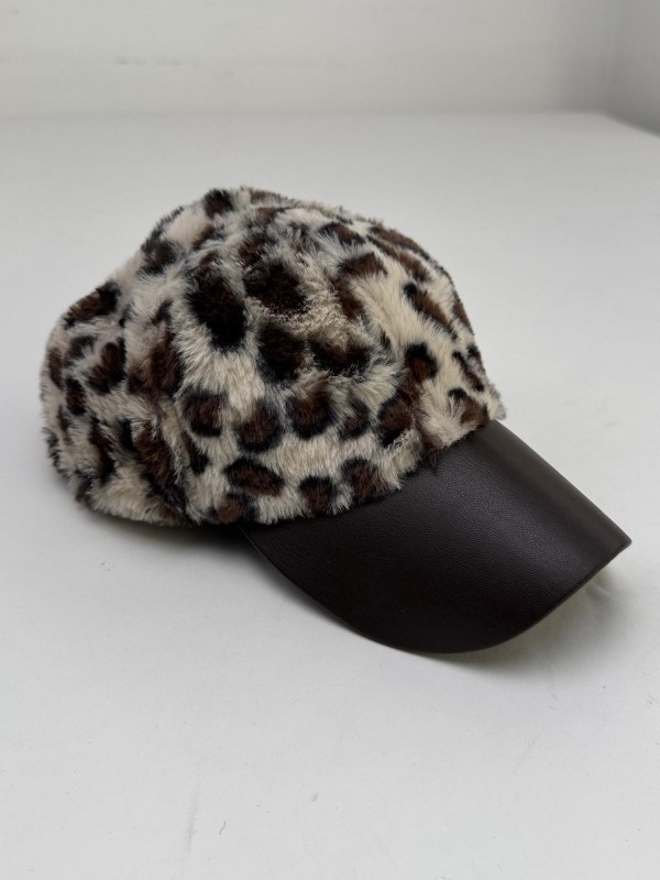 ŞPK-2007 Acı Kahve Leopar Desenli Kürklü Cap Şapka - 1
