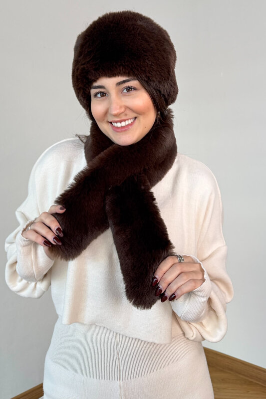 2011 Acı Kahve İthal Kürklü Börk Şapka & Geçirmeli Kürklü Şal Seti - 1