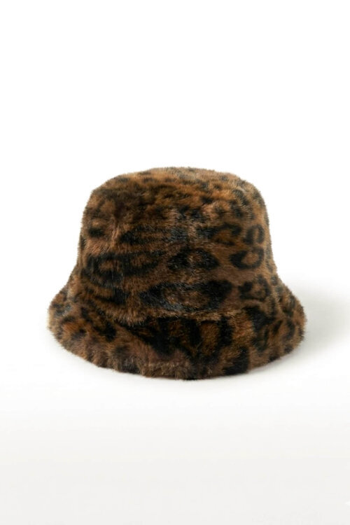 ŞPK-2011 Acı Kahve Leopar Desen Kürklü Bucket Şapka